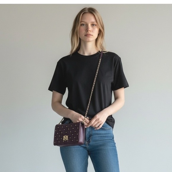 Badgley Mischka Plum Quilted Studded Flap Crossbody Bag | NWT | Gold Chain - Picture 2 of 8